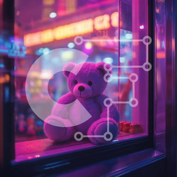 Intra Συλλεκτικό Ξύλινο Παζλ Plywood  4mm - Λούτρινο αρκουδάκι σε βιτρίνα παιχνιδιών νέον Σε Ξύλινο Κουτί - Διαστάσεις: 10x10 cm – 25 κομμάτια