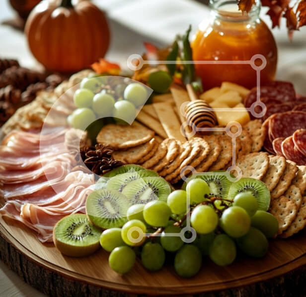 Σετ των 2 Intra Συλλεκτικό Ξύλινο Παζλ Plywood  4mm - Φθινοπωρινός πίνακας αλλαντικών με φρούτα και κρέατα Σε Ξύλινο Κουτί - Διαστάσεις: 10x10 cm – 25 κομμάτια