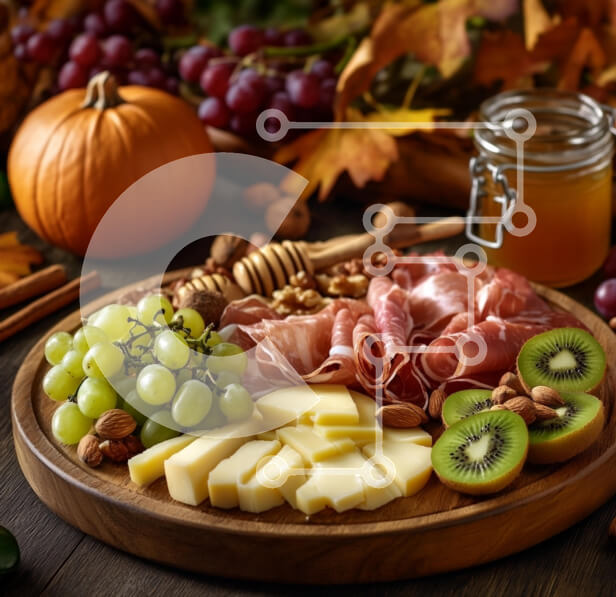 Σετ των 2 Intra Συλλεκτικό Ξύλινο Παζλ Plywood  4mm - Φθινοπωρινή σανίδα αλλαντικών με φρούτα και ξηρούς καρπούς Σε Ξύλινο Κουτί - Διαστάσεις: 10x10 cm – 25 κομμάτια