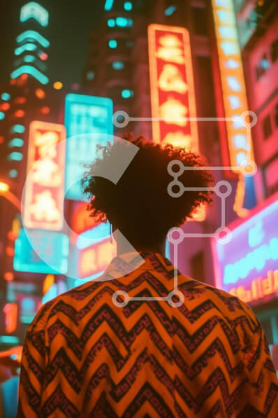 Intra Συλλεκτικό Ξύλινο Παζλ Plywood  4mm - Πρόσωπο που κοιτάζει ένα αστικό τοπίο με νέον Σε Ξύλινο Κουτί - Διαστάσεις Puzzle: 10x10 cm – 25 κομμάτια