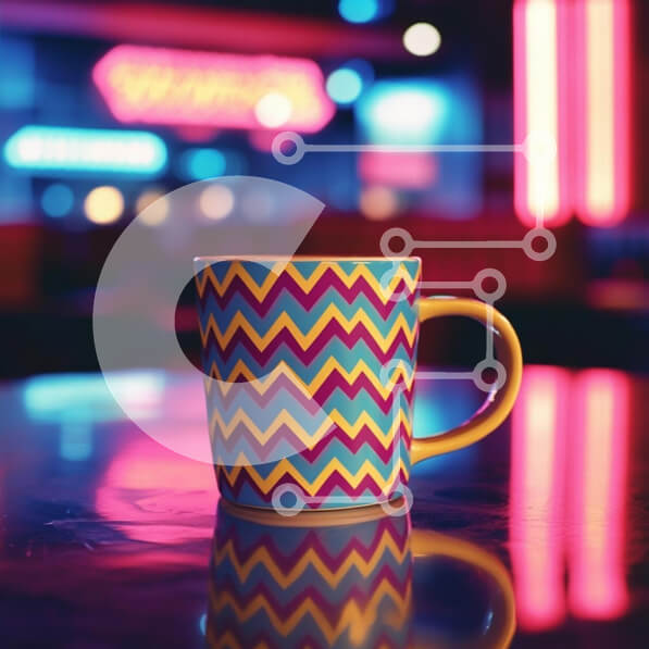 Intra Συλλεκτικό Ξύλινο Παζλ Plywood  4mm - Πολύχρωμη κούπα καφέ ζιγκ-ζαγκ με φόντο νέον Σε Ξύλινο Κουτί - Διαστάσεις: 10x10 cm – 25 κομμάτια