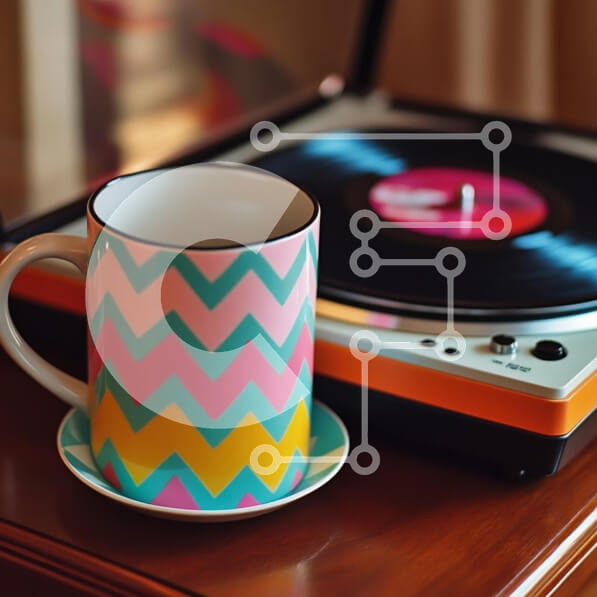 Intra Συλλεκτικό Ξύλινο Παζλ Plywood  4mm - Πολύχρωμη κούπα και Vintage πικάπ Σε Ξύλινο Κουτί - Διαστάσεις Puzzle: 10x10 cm – 25 κομμάτια