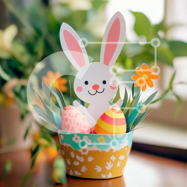 Intra Συλλεκτικό Ξύλινο Παζλ Plywood  4mm - Πασχαλινό λαγουδάκι και χρωματιστά αυγά σε διακοσμητική γλάστρα Σε Ξύλινο Κουτί - Διαστάσεις: 10x10 cm – 25 κομμάτια