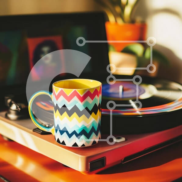 Intra Συλλεκτικό Ξύλινο Παζλ Plywood  4mm - Πολύχρωμη κούπα σε vintage πικάπ Σε Ξύλινο Κουτί - Διαστάσεις Puzzle: 10x10 cm – 25 κομμάτια