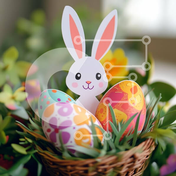 Intra Συλλεκτικό Ξύλινο Παζλ Plywood  4mm - Πασχαλινό λαγουδάκι με πολύχρωμα αυγά σε ένα καλάθι Σε Ξύλινο Κουτί - Διαστάσεις: 10x10 cm – 25 κομμάτια