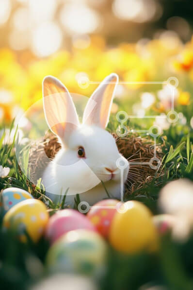 Σετ των 2 Intra Συλλεκτικό Ξύλινο Παζλ Plywood  4mm - Λευκό κουνέλι με πασχαλινά αυγά σε χωράφι λουλουδιών Σε Ξύλινο Κουτί - Διαστάσεις: 10x10 cm – 25 κομμάτια