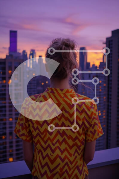 Intra Συλλεκτικό Ξύλινο Παζλ Plywood  4mm - Σιλουέτα μιας γυναίκας με ζωντανό πουκάμισο με σχέδια στον ορίζοντα του ηλιοβασιλέματος Σε Ξύλινο Κουτί - Διαστάσεις Puzzle: 10x10 cm – 25 κομμάτια