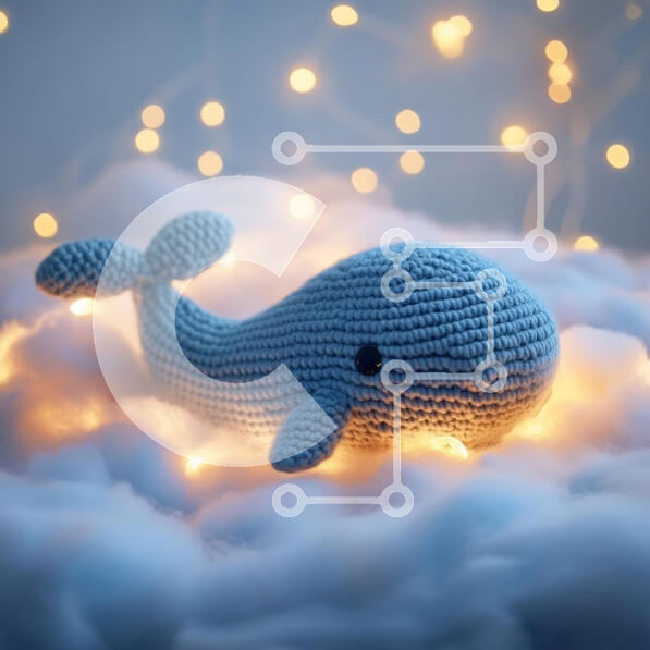 Intra Συλλεκτικό Ξύλινο Παζλ Plywood  4mm - Κροσέ μπλε φάλαινα που περιβάλλεται από νεράιδα φώτα Σε Ξύλινο Κουτί - Διαστάσεις: 10x10 cm – 25 κομμάτια