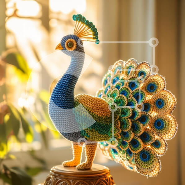 Intra Συλλεκτικό Ξύλινο Παζλ Plywood  4mm - Κομμάτι τέχνης με κροσέ Peacock Σε Ξύλινο Κουτί - Διαστάσεις Puzzle: 10x10 cm – 25 κομμάτια