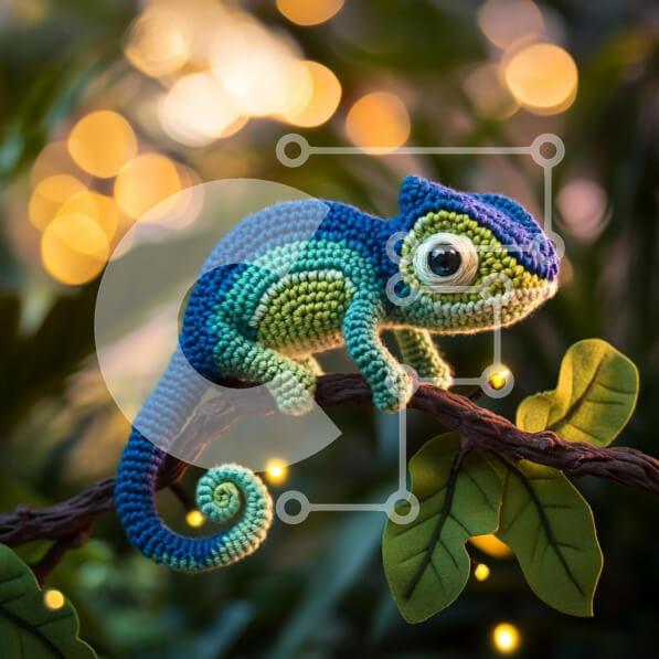 Intra Συλλεκτικό Ξύλινο Παζλ Plywood  4mm - Κροσέ χαμαιλέοντας σε κλαδί με φώτα Bokeh Σε Ξύλινο Κουτί - Διαστάσεις: 10x10 cm – 25 κομμάτια