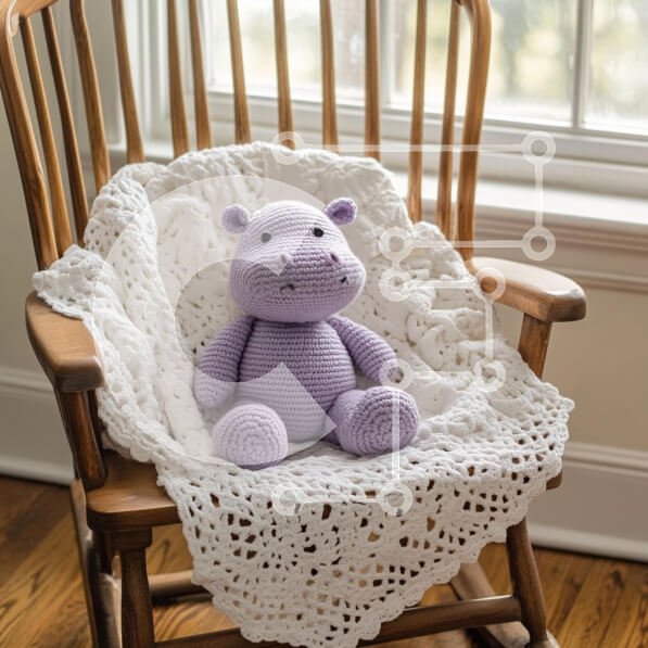 Intra Συλλεκτικό Ξύλινο Παζλ Plywood  4mm - Κροσέ μωβ ιπποπόταμος σε κουνιστή πολυθρόνα Σε Ξύλινο Κουτί - Διαστάσεις Puzzle: 10x10 cm – 25 κομμάτια