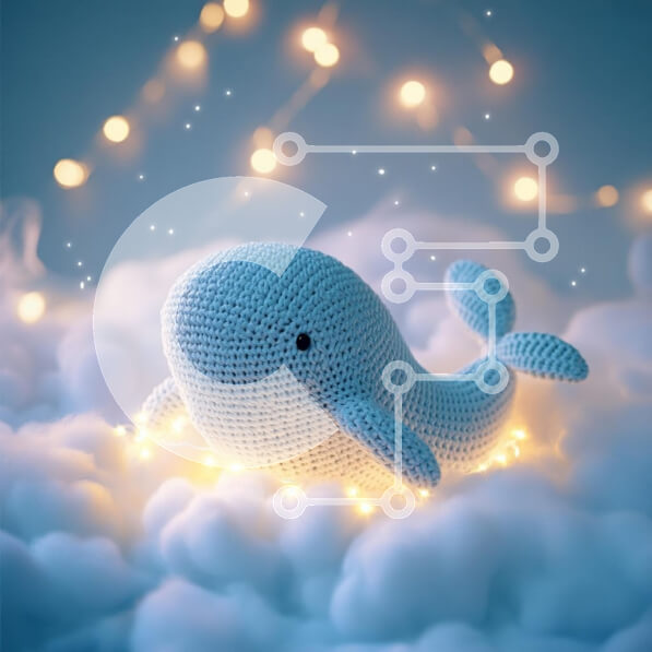 Intra Συλλεκτικό Ξύλινο Παζλ Plywood  4mm - Μπλε φάλαινα με κροσέ με νεραϊδοφώτα σε συννεφιασμένο περιβάλλον Σε Ξύλινο Κουτί - Διαστάσεις: 10x10 cm – 25 κομμάτια