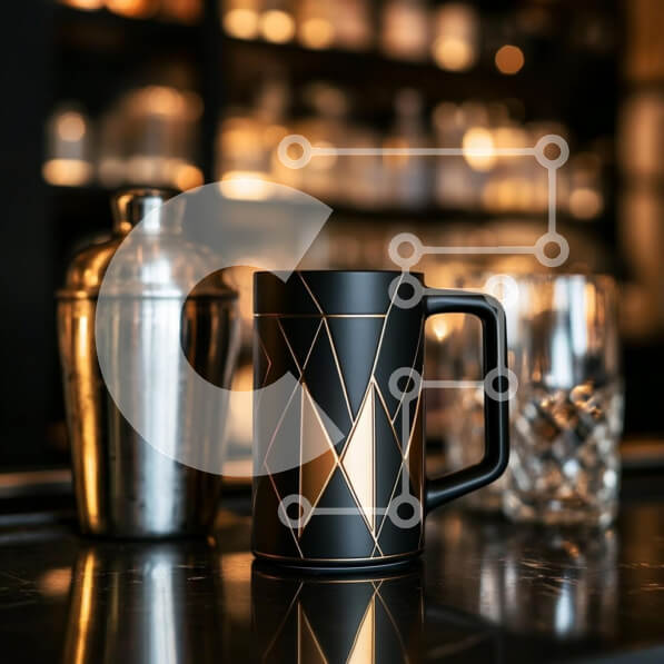 Intra Συλλεκτικό Ξύλινο Παζλ Plywood  4mm - Κομψή μαύρη και χρυσή κούπα σε ένα εκλεπτυσμένο σκηνικό μπαρ Σε Ξύλινο Κουτί - Διαστάσεις: 10x10 cm – 25 κομμάτια