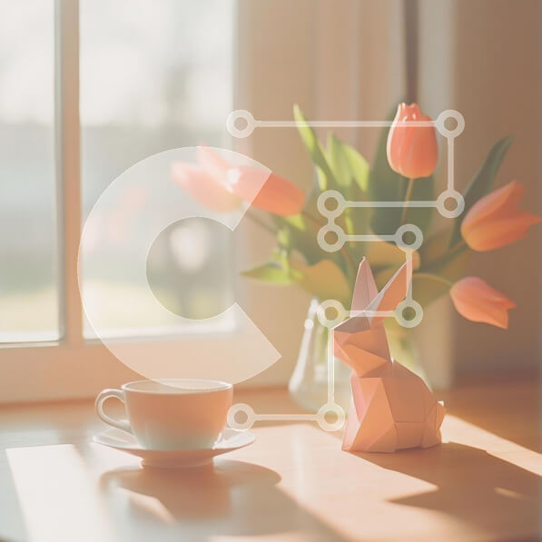 Intra Συλλεκτικό Ξύλινο Παζλ Plywood  4mm - Άνετο σκηνικό εσωτερικού χώρου με τουλίπες και κουνέλι Origami Σε Ξύλινο Κουτί - Διαστάσεις Puzzle: 10x10 cm – 25 κομμάτια