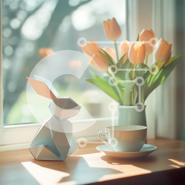 Intra Συλλεκτικό Ξύλινο Παζλ Plywood  4mm - Γαλήνιο εσωτερικό με κουνέλι Origami και τουλίπες Σε Ξύλινο Κουτί - Διαστάσεις Puzzle: 10x10 cm – 25 κομμάτια