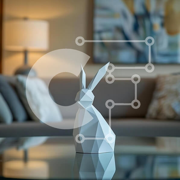 Intra Συλλεκτικό Ξύλινο Παζλ Plywood  4mm - Γεωμετρικό γλυπτό λευκού κουνελιού σε ένα άνετο σαλόνι Σε Ξύλινο Κουτί - Διαστάσεις: 10x10 cm – 25 κομμάτια