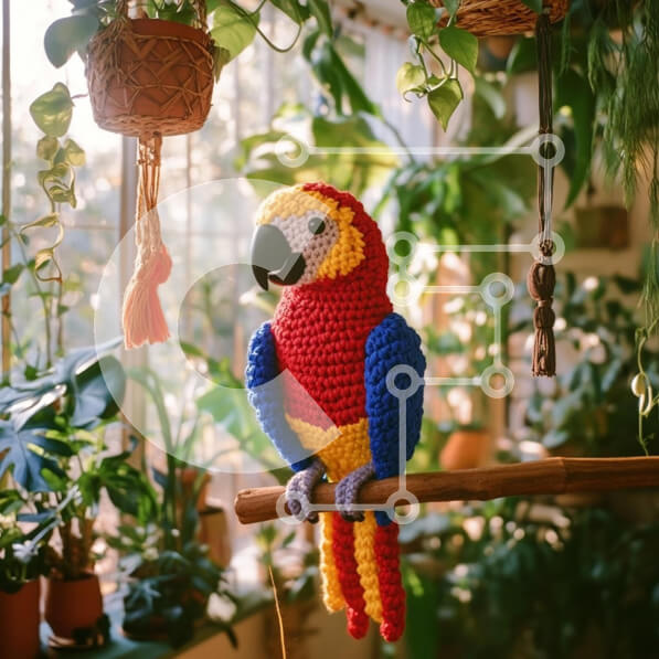 Intra Συλλεκτικό Ξύλινο Παζλ Plywood  4mm - Πολύχρωμος κροσέ παπαγάλος ανάμεσα σε φυτά Σε Ξύλινο Κουτί - Διαστάσεις Puzzle: 10x10 cm – 25 κομμάτια