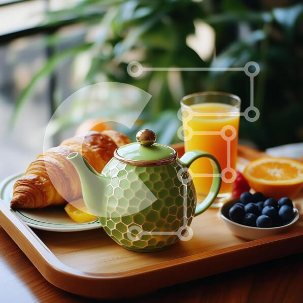 Σετ των 2 Intra Συλλεκτικό Ξύλινο Παζλ Plywood  4mm - Δίσκος πρωινού με τσαγιέρα και φρούτα Σε Ξύλινο Κουτί - Διαστάσεις: 10x10 cm – 25 κομμάτια