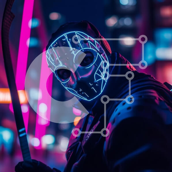 Intra Συλλεκτικό Ξύλινο Παζλ Plywood  4mm - Φουτουριστική φιγούρα με μάσκα νέον και ραβδί χόκεϊ σε αστικό νυχτερινό τοπίο Σε Ξύλινο Κουτί - Διαστάσεις Puzzle: 10x10 cm – 25 κομμάτια