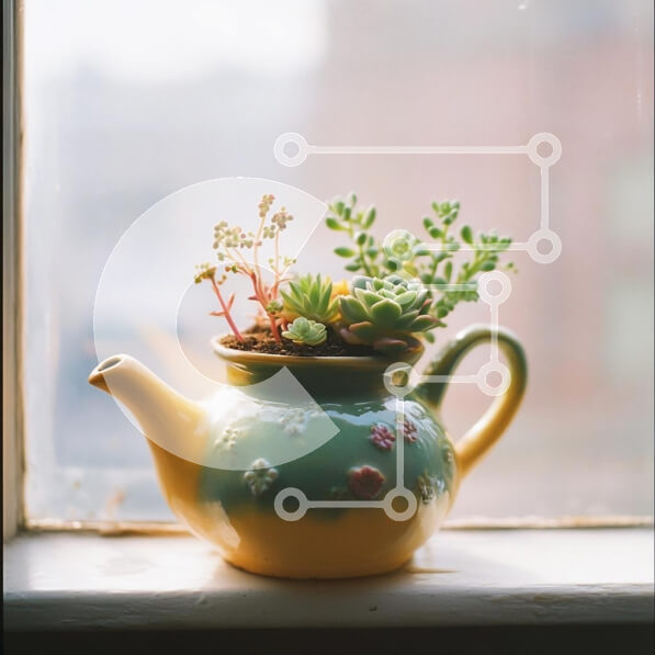 Intra Συλλεκτικό Ξύλινο Παζλ Plywood  4mm - Χυμώδεις φυτευτής σε μια τσαγιέρα σε ένα περβάζι Σε Ξύλινο Κουτί - Διαστάσεις: 10x10 cm – 25 κομμάτια