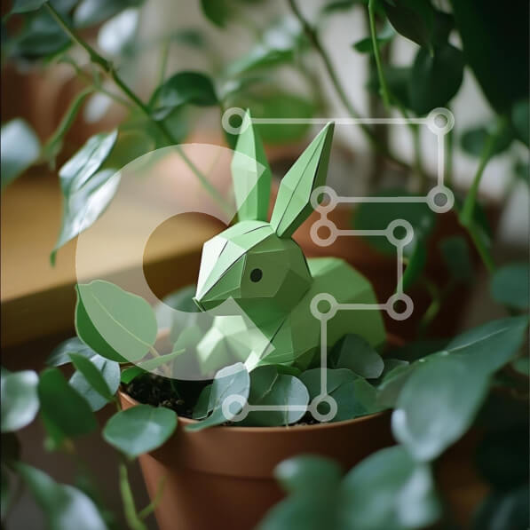 Intra Συλλεκτικό Ξύλινο Παζλ Plywood  4mm - Κουνέλι Origami που περιβάλλεται από πράσινα φυτά Σε Ξύλινο Κουτί - Διαστάσεις: 10x10 cm – 25 κομμάτια