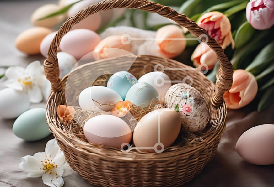 Intra Συλλεκτικό Ξύλινο Παζλ Plywood  4mm - Πασχαλινό καλάθι αυγών με φρέσκα λουλούδια Σε Ξύλινο Κουτί - Διαστάσεις: 10x10 cm – 25 κομμάτια