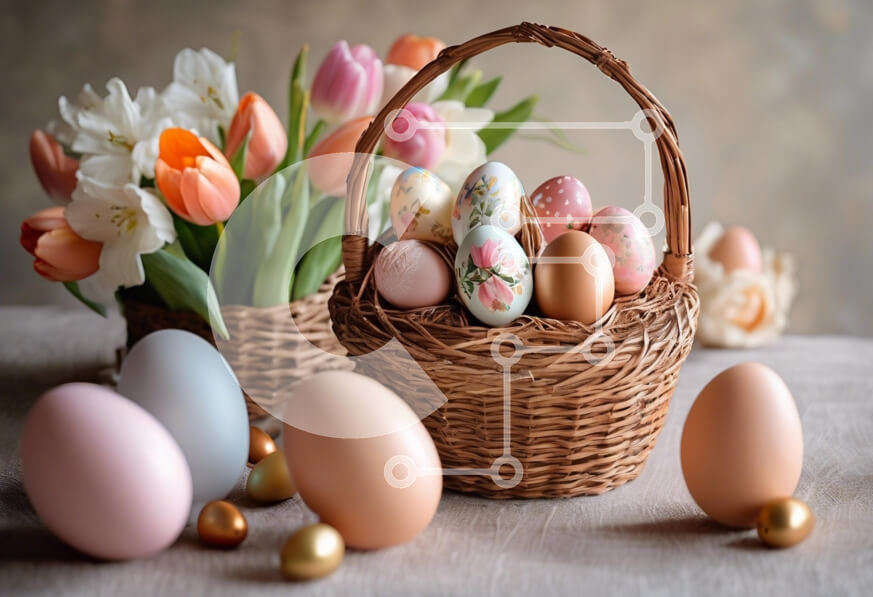 Intra Συλλεκτικό Ξύλινο Παζλ Plywood  4mm - Πασχαλινή διακόσμηση με πολύχρωμα αυγά και λουλούδια Σε Ξύλινο Κουτί - Διαστάσεις: 10x10 cm – 25 κομμάτια