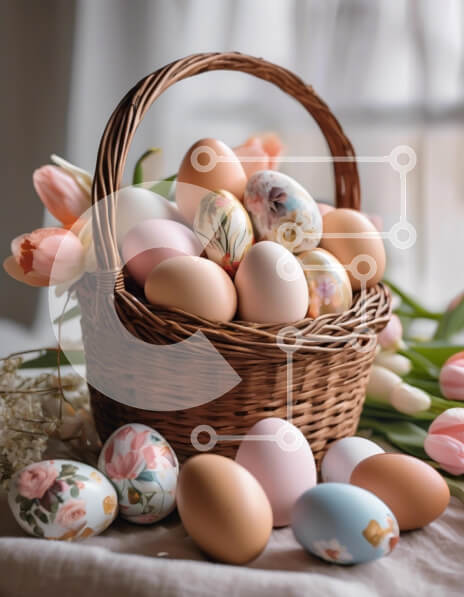 Intra Συλλεκτικό Ξύλινο Παζλ Plywood  4mm - Πασχαλινά αυγά στο καλάθι με λουλούδια Σε Ξύλινο Κουτί - Διαστάσεις: 10x10 cm – 25 κομμάτια