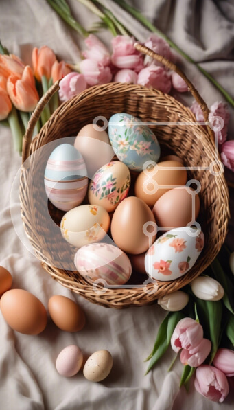 Intra Συλλεκτικό Ξύλινο Παζλ Plywood  4mm - Πασχαλινά αυγά σε ένα καλάθι με τουλίπες Σε Ξύλινο Κουτί - Διαστάσεις: 10x10 cm – 25 κομμάτια