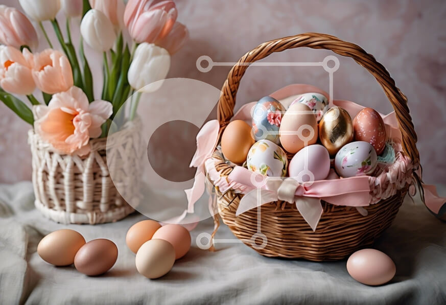 Intra Συλλεκτικό Ξύλινο Παζλ Plywood  4mm - Πασχαλινό καλάθι με διακοσμητικά αυγά και τουλίπες Σε Ξύλινο Κουτί - Διαστάσεις: 10x10 cm – 25 κομμάτια