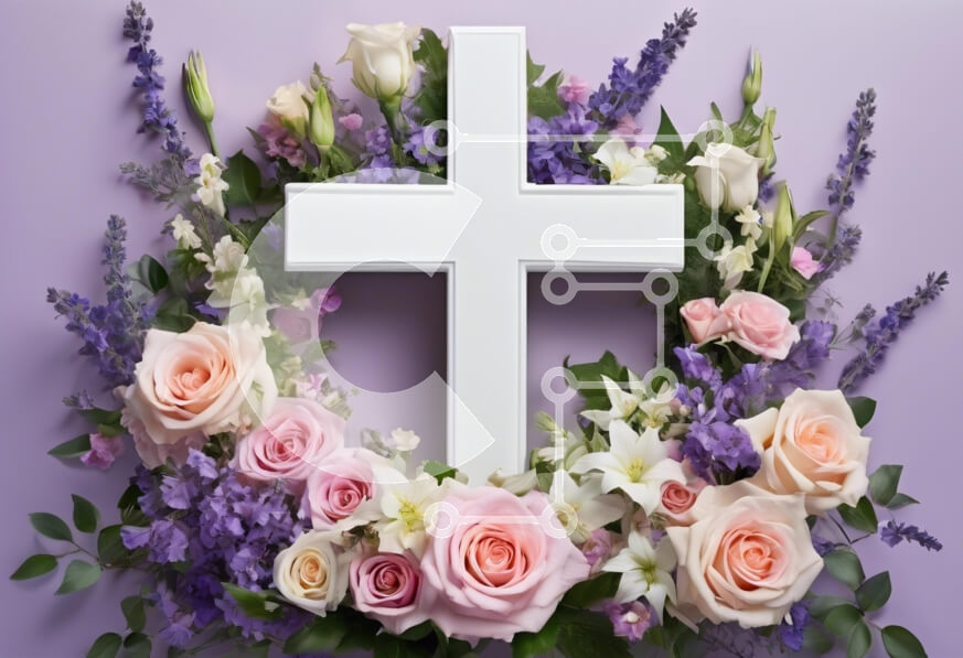 Intra Συλλεκτικό Ξύλινο Παζλ Plywood  4mm - Λευκός Σταυρός που περιβάλλεται από λουλούδια Σε Ξύλινο Κουτί - Διαστάσεις Puzzle: 10x10 cm – 25 κομμάτια