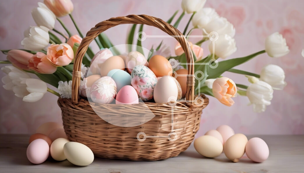 Intra Συλλεκτικό Ξύλινο Παζλ Plywood  4mm - Πασχαλινά αυγά σε ψάθινο καλάθι με τουλίπες Σε Ξύλινο Κουτί - Διαστάσεις: 10x10 cm – 25 κομμάτια