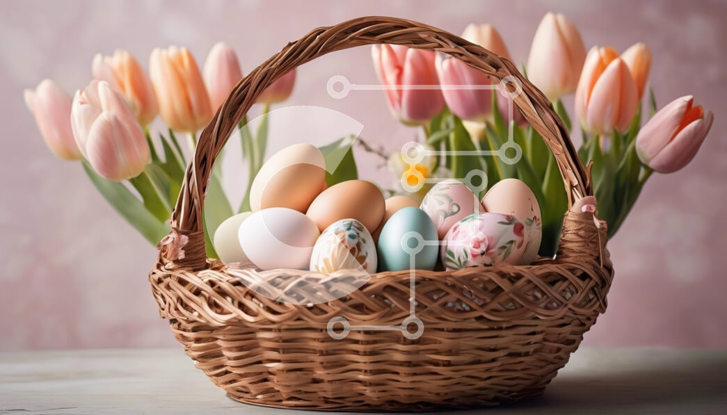 Intra Συλλεκτικό Ξύλινο Παζλ Plywood  4mm - Πασχαλινό καλάθι με πολύχρωμα αυγά και τουλίπες Σε Ξύλινο Κουτί - Διαστάσεις: 10x10 cm – 25 κομμάτια