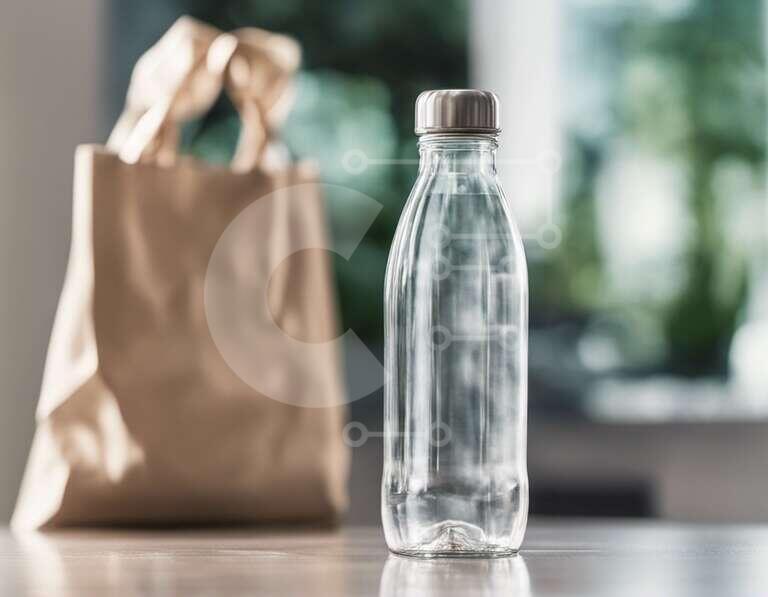 Intra Συλλεκτικό Ξύλινο Παζλ Plywood  4mm - Διαφανές πλαστικό μπουκάλι και καφέ τσάντα αγορών σε ένα τραπέζι Σε Ξύλινο Κουτί - Διαστάσεις: 10x10 cm – 25 κομμάτια