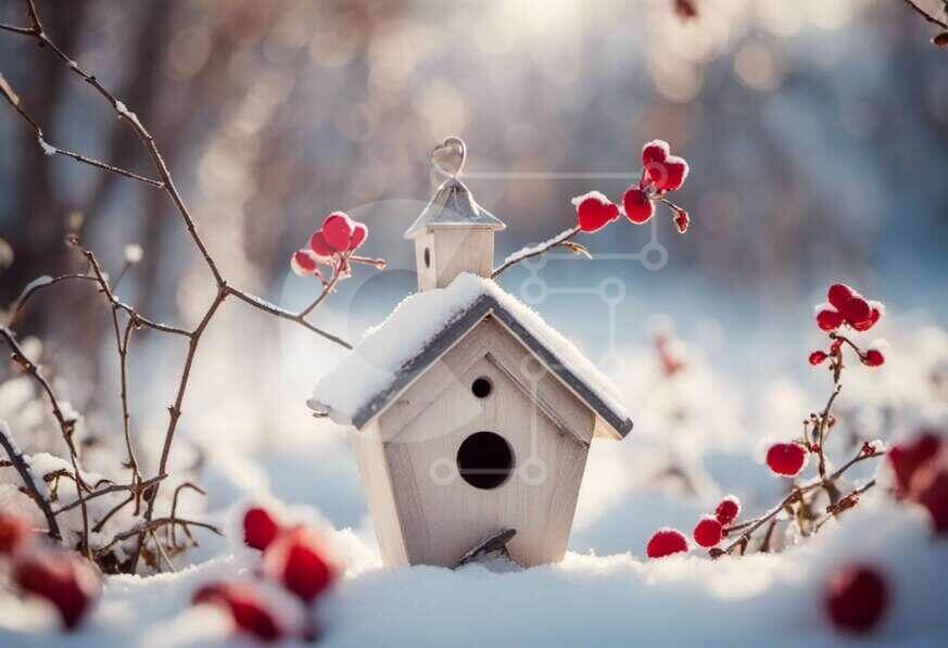 Intra Συλλεκτικό Ξύλινο Παζλ Plywood  4mm - Χιονισμένο Birdhouse με κόκκινα μούρα Σε Ξύλινο Κουτί - Διαστάσεις: 10x10 cm – 25 κομμάτια