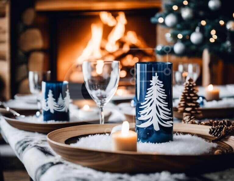 Intra Συλλεκτικό Ξύλινο Παζλ Plywood  4mm - Άνετο σετ τραπεζαρίας με μπλε κηροπήγια και τζάκι Σε Ξύλινο Κουτί - Διαστάσεις Puzzle: 10x10 cm – 25 κομμάτια