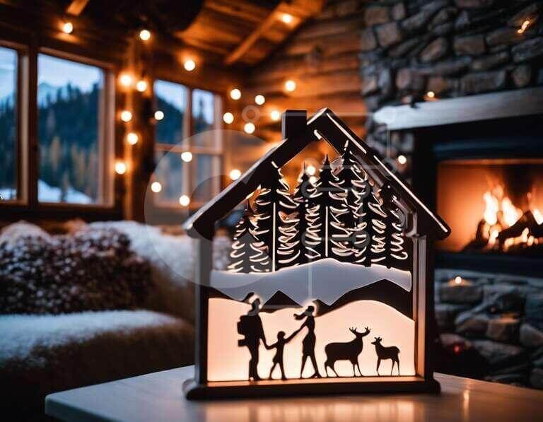 Intra Συλλεκτικό Ξύλινο Παζλ Plywood  4mm - Φωτεινό γλυπτό σε σχήμα σπιτιού με ανθρώπους και σιλουέτες ελαφιών Σε Ξύλινο Κουτί - Διαστάσεις Puzzle: 10x10 cm – 25 κομμάτια