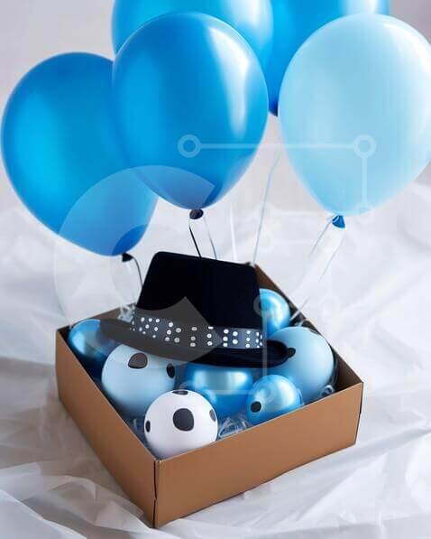 Intra Συλλεκτικό Ξύλινο Παζλ Plywood  4mm - Πολύχρωμα διακοσμητικά πάρτι με μπλε μπαλόνια και καπέλο Σε Ξύλινο Κουτί - Διαστάσεις Puzzle: 10x10 cm – 25 κομμάτια