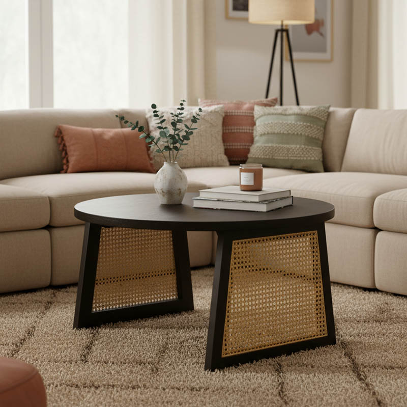 Τραπέζι Tamarind pakoworld ξύλο mango-φυσικό rattan σε μαύρη απόχρωση Φ65x40εκ