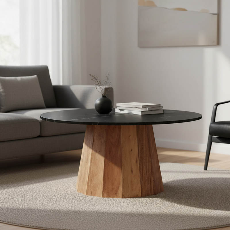 Τραπέζι σαλονιού Ezerdian pakoworld μασίφ ξύλο ακακίας σε φυσική απόχρωση με επιφάνεια μαύρου ματ μαρμάρου Φ90x45εκ