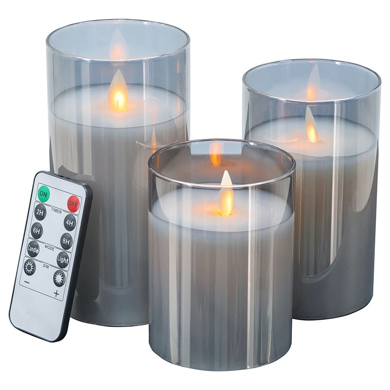 Artekko Flame Γυάλινα Γκρι Κεριά Led με Τηλεχειριστήριο (7.6x7.6x15.2)cm 3pcs Artekko 470006-SMOK-DS