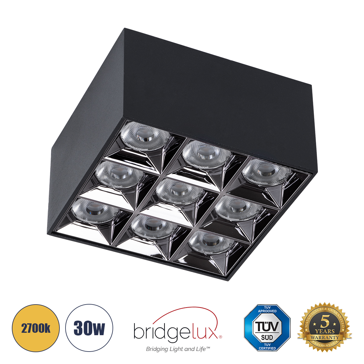 60337 GloboStar® GLOBOSTAR® LUMINAR 60337 Downlight Σποτ LED 30W 4050lm 36° AC 220-240V IP20 Θερμό Λευκό 2700K - Osram SMD Chip & TÜV SÜD Driver - Μαύρο Ματ - Μ12 x Π12 x Υ6.6cm - 5 Χρόνια Εγγύηση