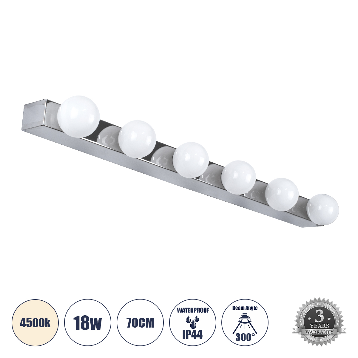 60453 GloboStar® GLOBOSTAR® BELLA 60453 Μοντέρνο Φωτιστικό Τοίχου - Απλίκα Καθρέπτη Μπάνιου LED 18W 2052lm 300° AC 220-240V IP44 Φυσικό Λευκό 4500K - Bridgelux COB Chip & TÜV SÜD Driver - Ασημί & Λευκό - Μ70 x Π11 x Υ6cm - 3 Χρόνια Εγγύηση