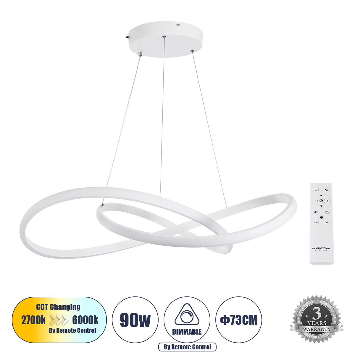 60914 GloboStar® DEXTER 60914 Κρεμαστό Φωτιστικό Οροφής Design LED CCT 90W 10080lm 300° AC 220-240V – Εναλλαγή Φωτισμού μέσω Τηλεχειριστηρίου All In One Ψυχρό 6000k+Φυσικό 4500k+Θερμό 2700k Dimmable Φ73cm – Λευκό – 3 Years Warranty 60914 GloboStar® DEXTER 60914 Κρεμαστό Φωτιστικό Οροφής Design LED CCT 90W 10080lm 300° AC 220-240V – Εναλλαγή Φωτισμού μέσω Τηλεχειριστηρίου All In One Ψυχρό 6000k+Φυσικό 4500k+Θερμό 2700k Dimmable Φ73cm – Λευκό – 3 Years Warranty