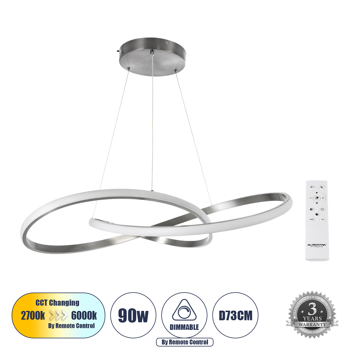 60915 GloboStar® DEXTER 60915 Κρεμαστό Φωτιστικό Οροφής Design LED CCT 90W 10080lm 300° AC 220-240V – Εναλλαγή Φωτισμού μέσω Τηλεχειριστηρίου All In One Ψυχρό 6000k+Φυσικό 4500k+Θερμό 2700k Dimmable Φ73cm – Νίκελ Βούρτσας – 3 Years Warranty 60915 GloboStar® DEXTER 60915 Κρεμαστό Φωτιστικό Οροφής Design LED CCT 90W 10080lm 300° AC 220-240V – Εναλλαγή Φωτισμού μέσω Τηλεχειριστηρίου All In One Ψυχρό 6000k+Φυσικό 4500k+Θερμό 2700k Dimmable Φ73cm – Νίκελ Βούρτσας – 3 Years Warranty
