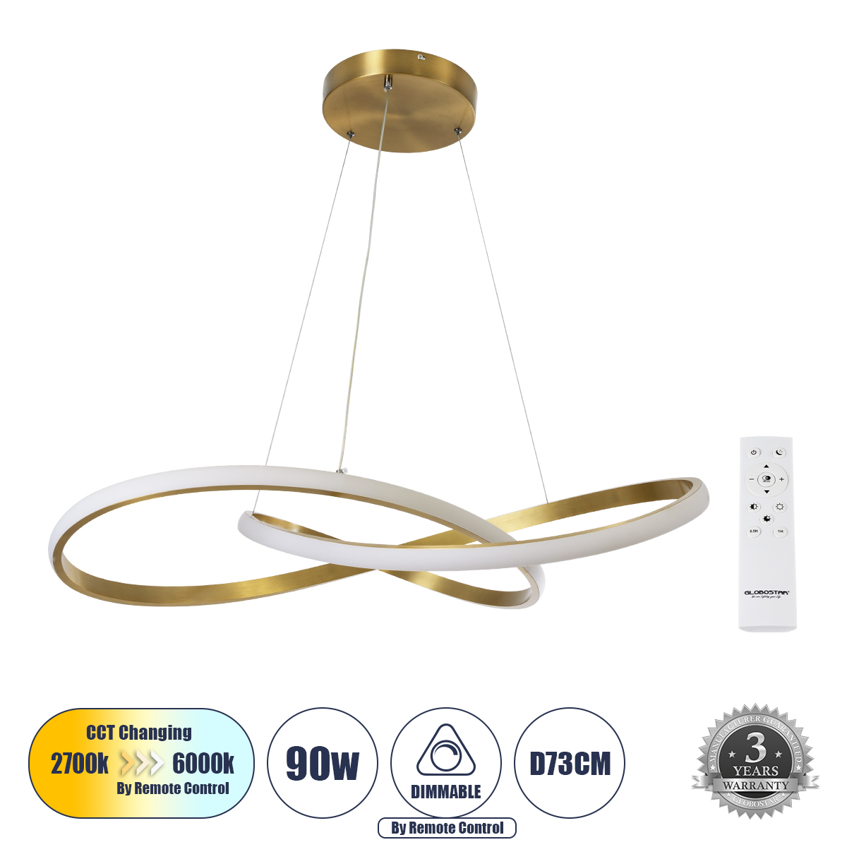 60916 GloboStar® DEXTER 60916 Κρεμαστό Φωτιστικό Οροφής Design LED CCT 90W 10080lm 300° AC 220-240V – Εναλλαγή Φωτισμού μέσω Τηλεχειριστηρίου All In One Ψυχρό 6000k+Φυσικό 4500k+Θερμό 2700k Dimmable Φ73cm – Χρυσό Βούρτσας – 3 Years Warranty 60916 GloboStar® DEXTER 60916 Κρεμαστό Φωτιστικό Οροφής Design LED CCT 90W 10080lm 300° AC 220-240V – Εναλλαγή Φωτισμού μέσω Τηλεχειριστηρίου All In One Ψυχρό 6000k+Φυσικό 4500k+Θερμό 2700k Dimmable Φ73cm – Χρυσό Βούρτσας – 3 Years Warranty