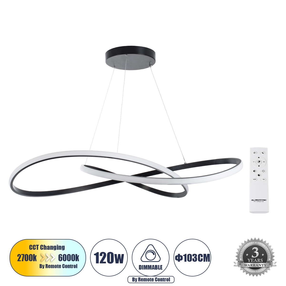 60917 GloboStar® DEXTER 60917 Κρεμαστό Φωτιστικό Οροφής Design LED CCT 120W 13440lm 300° AC 220-240V – Εναλλαγή Φωτισμού μέσω Τηλεχειριστηρίου All In One Ψυχρό 6000k+Φυσικό 4500k+Θερμό 2700k Dimmable Φ103cm – Μαύρο – 3 Years Warranty 60917 GloboStar® DEXTER 60917 Κρεμαστό Φωτιστικό Οροφής Design LED CCT 120W 13440lm 300° AC 220-240V – Εναλλαγή Φωτισμού μέσω Τηλεχειριστηρίου All In One Ψυχρό 6000k+Φυσικό 4500k+Θερμό 2700k Dimmable Φ103cm – Μαύρο – 3 Years Warranty