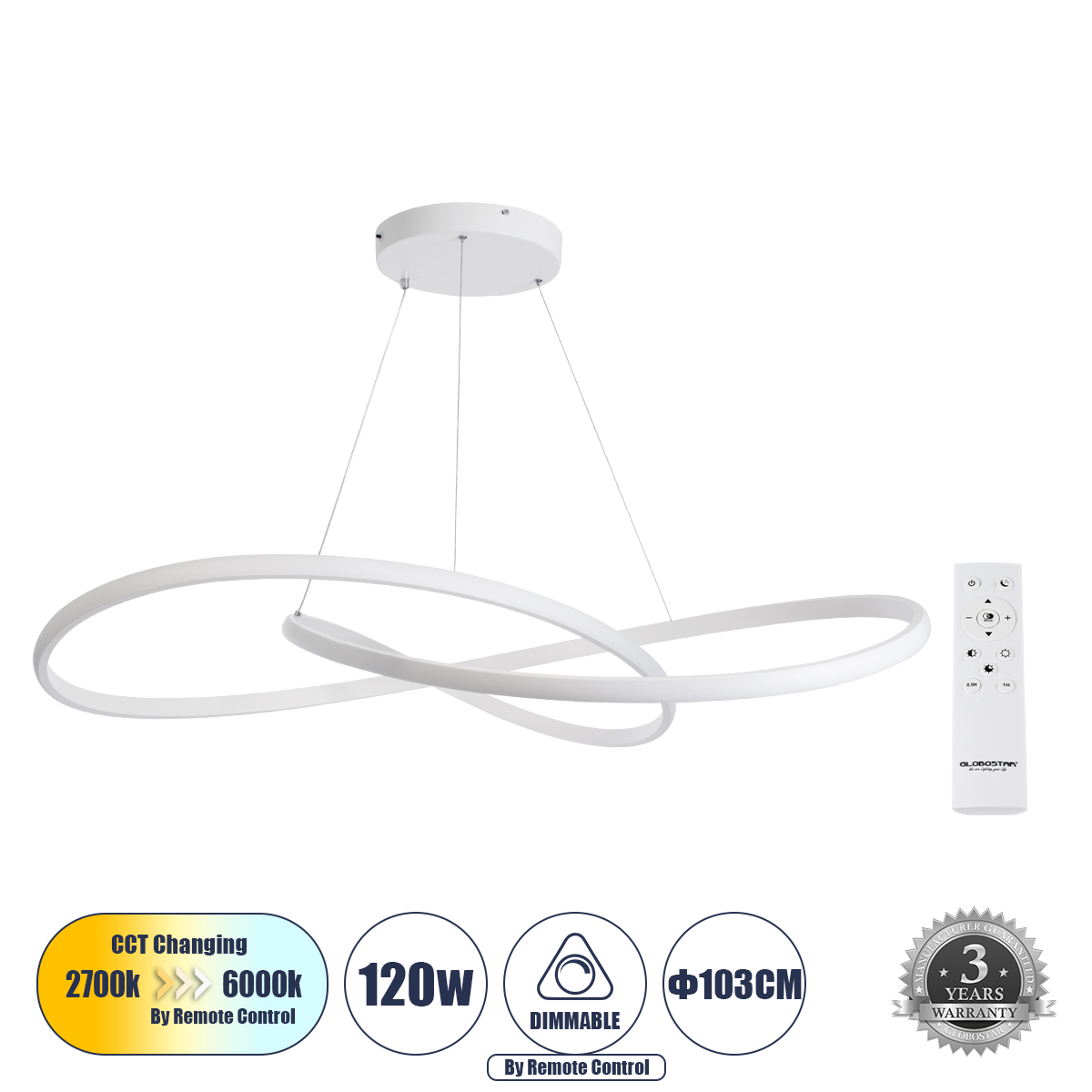 60918 GloboStar® DEXTER 60918 Κρεμαστό Φωτιστικό Οροφής Design LED CCT 120W 13440lm 300° AC 220-240V – Εναλλαγή Φωτισμού μέσω Τηλεχειριστηρίου All In One Ψυχρό 6000k+Φυσικό 4500k+Θερμό 2700k Dimmable Φ103cm – Λευκό – 3 Years Warranty 60918 GloboStar® DEXTER 60918 Κρεμαστό Φωτιστικό Οροφής Design LED CCT 120W 13440lm 300° AC 220-240V – Εναλλαγή Φωτισμού μέσω Τηλεχειριστηρίου All In One Ψυχρό 6000k+Φυσικό 4500k+Θερμό 2700k Dimmable Φ103cm – Λευκό – 3 Years Warranty