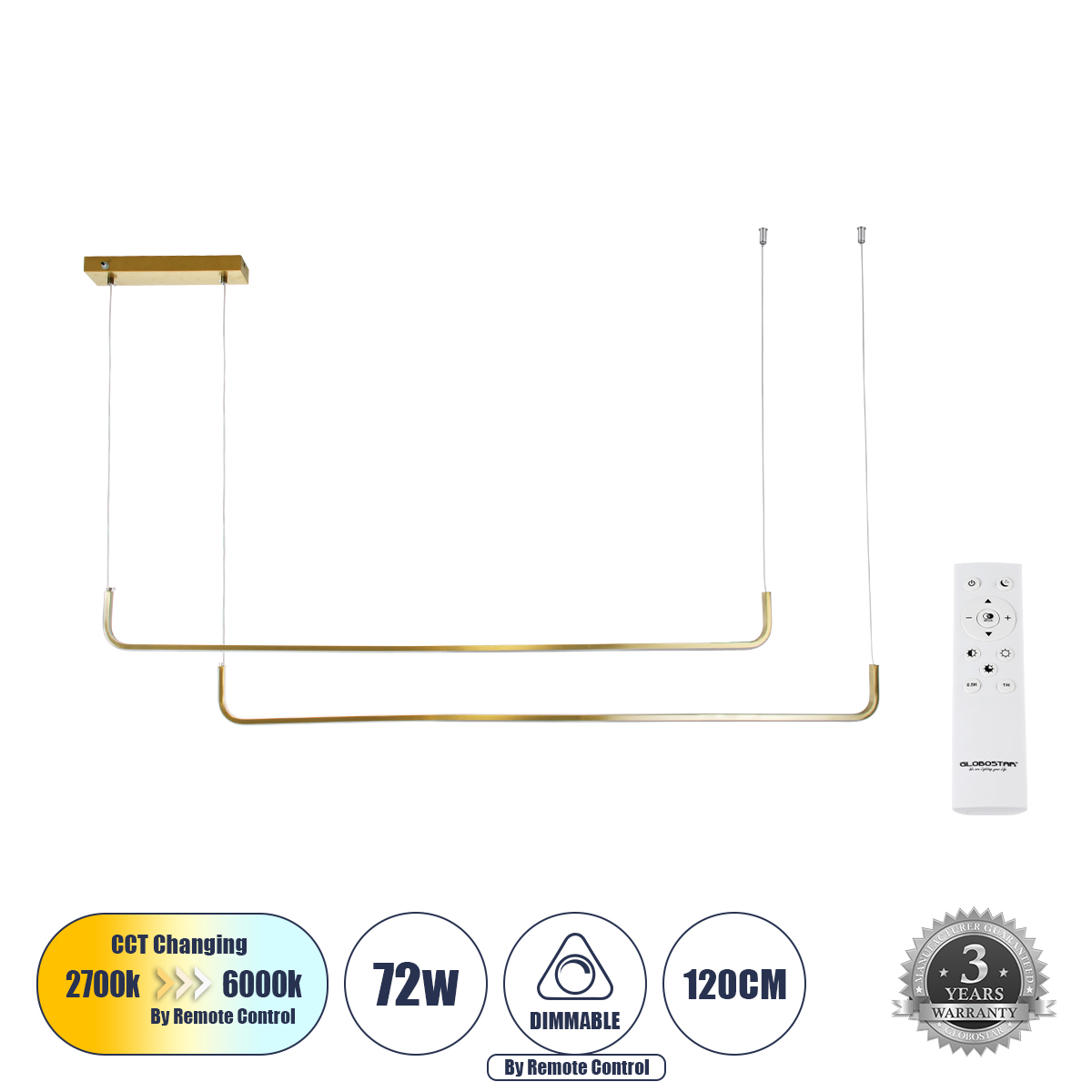60926 GloboStar® GLOBOSTAR® LINARIA DUO 60926 Μοντέρνο Κρεμαστό Φωτιστικό Οροφής LED 72W 8300lm 200° AC 220-240V IP20 Ρυθμιζόμενο Λευκό CCT με Χειριστήριο από 2700K έως 6000K Dimmable - Lumileds SMD Chip - Χρυσό Βούρτσας - Μ130 x Π4 x Υ25cm - 3 Χρόνια Εγγ