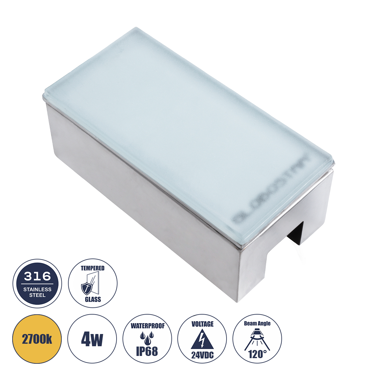 60949 GloboStar® GLOBOSTAR® CYBOLITHOS 60949 Χωνευτό Αρχιτεκτονικο Φωτιστικό Σποτ Δαπέδου LED 4W 440lm 120° DC 24V Αδιάβροχο IP68 IK06 Θερμό Λευκό 2700K Dimmable - Bridgelux SMD Chip - Γαλακτερό Tempered Glass & Ανοξείδωτο Ατσάλι SS316 - Μ20 x Π10x Υ8cm /